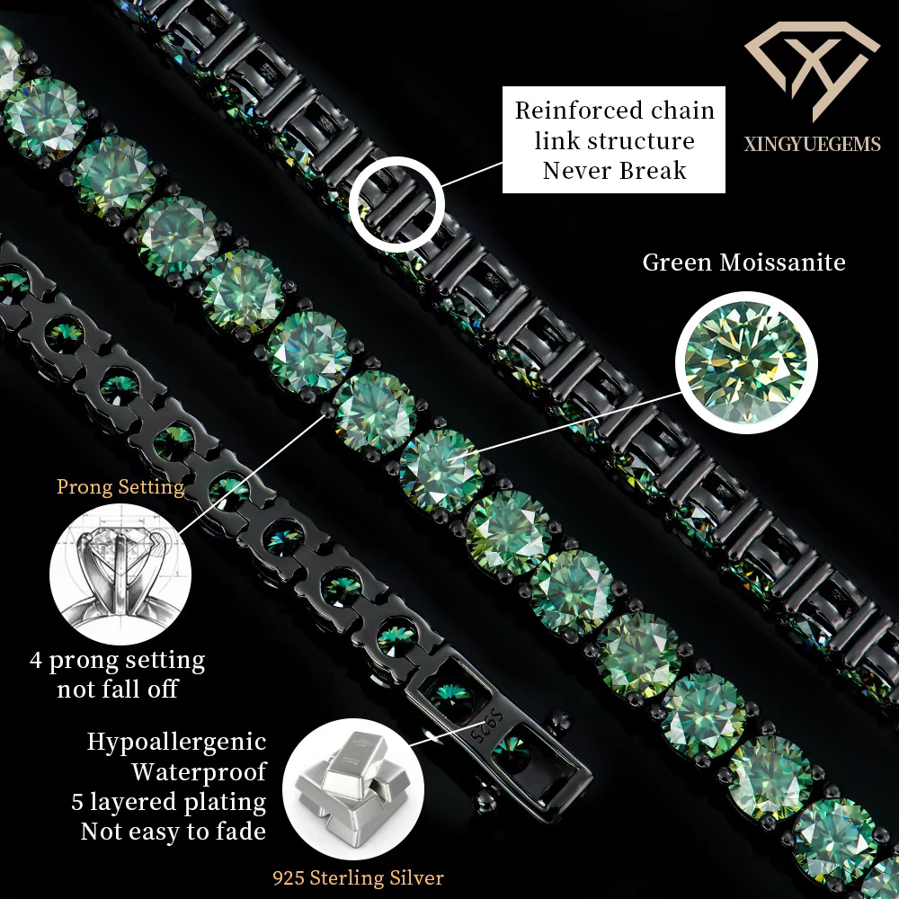 Moissanite Vivid Green Tennis Bracelet Black Gold Plated 925 Sterling Silver Factory Store Wholesale Pass Diamond Test Vvs D