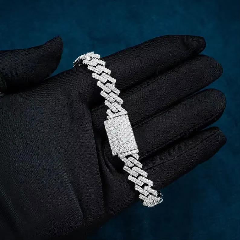 EAST S925 Iced Out Cuban Link Bracelet 10MM Moissanite 2 Row Round Cut Pass Diamond Test Luxury Rapper Style Hip Hop Jewelry