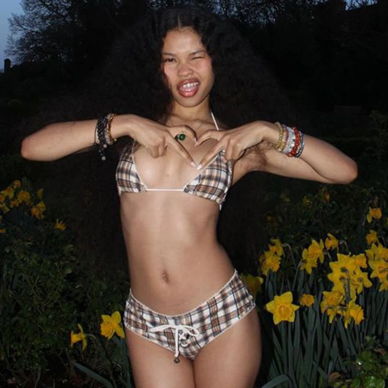 BIIKPIIK Plaid Bikini Set Swimwear Sexy Backless Halter Lace-up Women Shorts Suit Party Casual Two Piece Set Beach Summer Outfit 250317