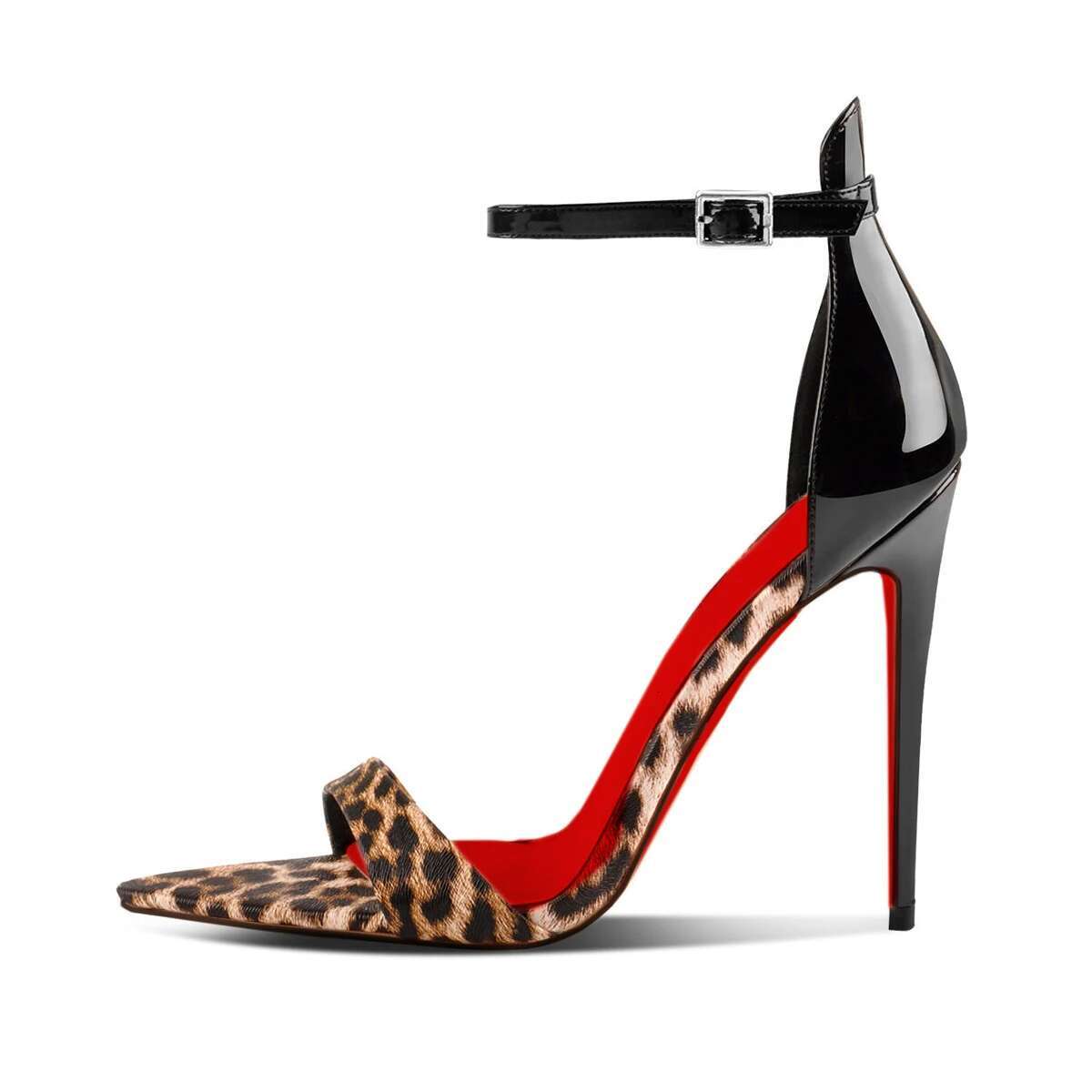 New leopard print pointed exposed toe straight strap thin heel sandals for women, sexy red soled fashion high heels