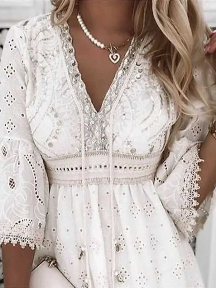 Elegant Women White Hollow Lace Mini Dress Summer V-neck Patchwork Lace Up Three Quarter Sleeve Ladies Vacation Beach Dresses M250304