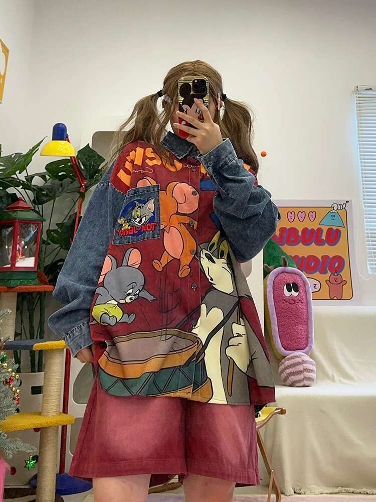 2025 New Retro Cartoon Corduroy Printed Embroidered Cowboy Long Sleeve Shirt Designer Autumn Unisex4