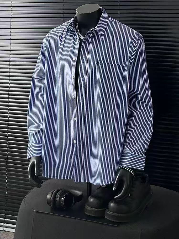 Men's Long Sleeved Striped Lapel Uniform Chic Fashionable Shirts Casual Slim Fit Tops Spring And Autumn Wear Blouses