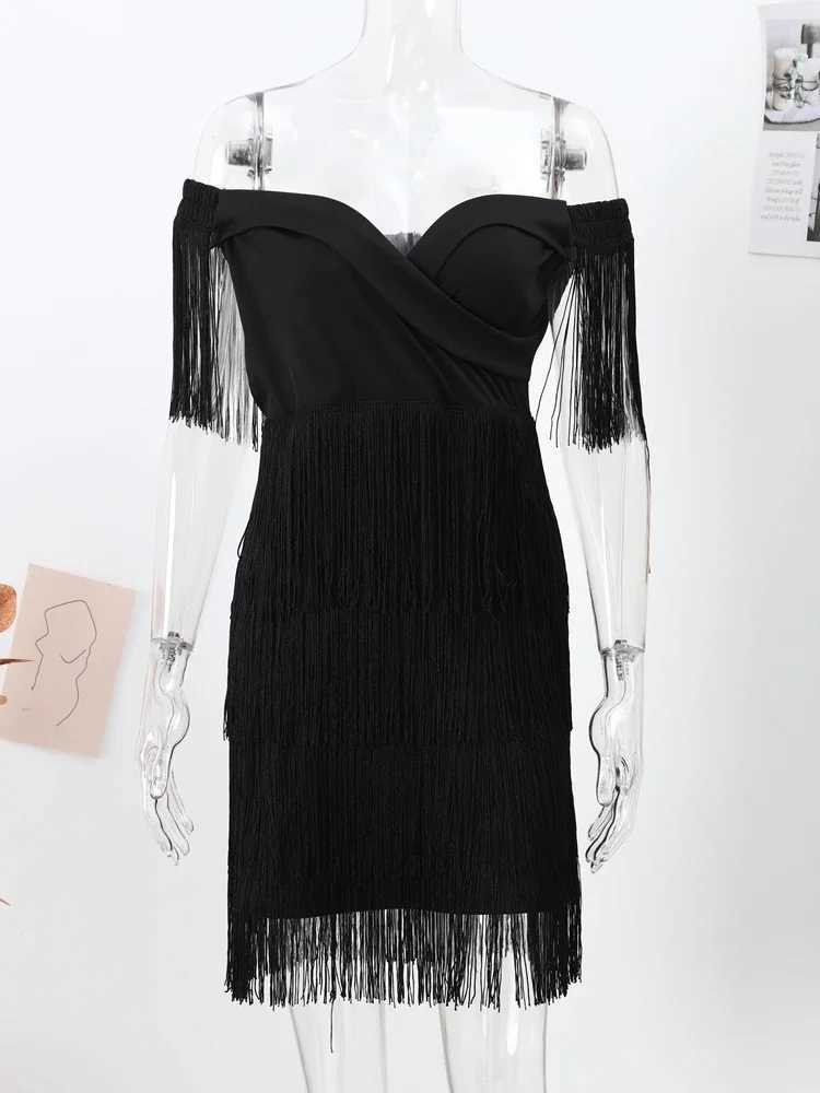 Sexy Sleeveless Bodycon Dress Women White Off Shoulder Tassel Female Short Dresses Summer Party Club Bandage M250304