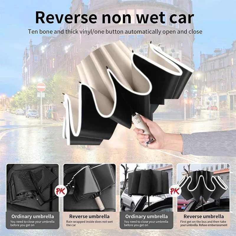 Big Umbrella Windproof Strong With Reflective Stripe Reverse Automatic Fold Umbrella UV Umbrella Insulation Portable ParasolC250317
