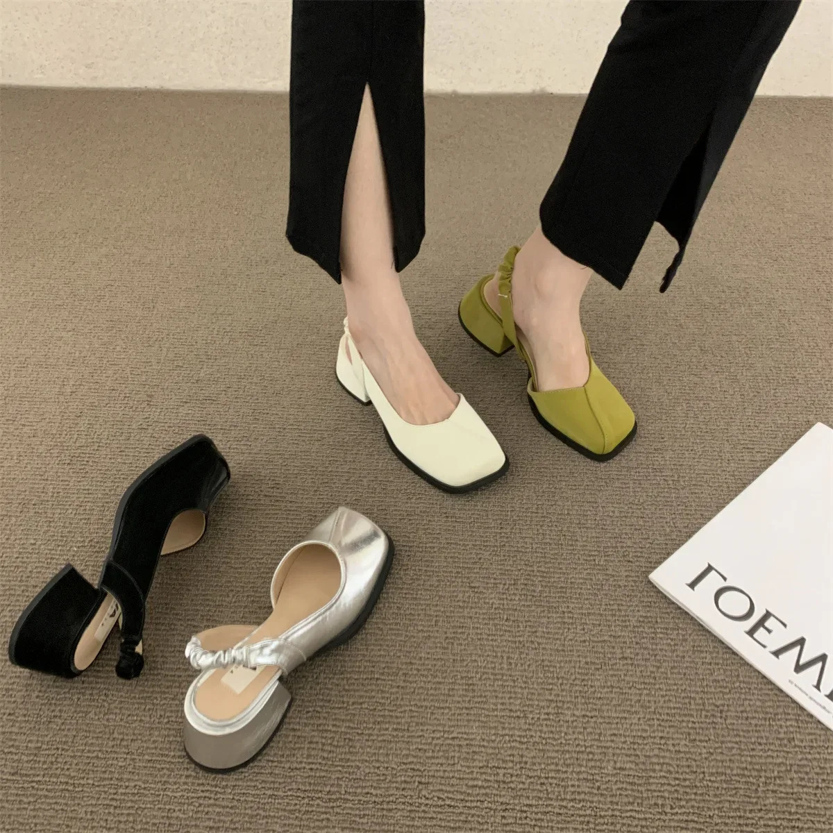 Thick Heel Baotou Mary Jane for Women Shoes Fashion Chunky Heels Square Toe Dress Comfortable Sandals 250317