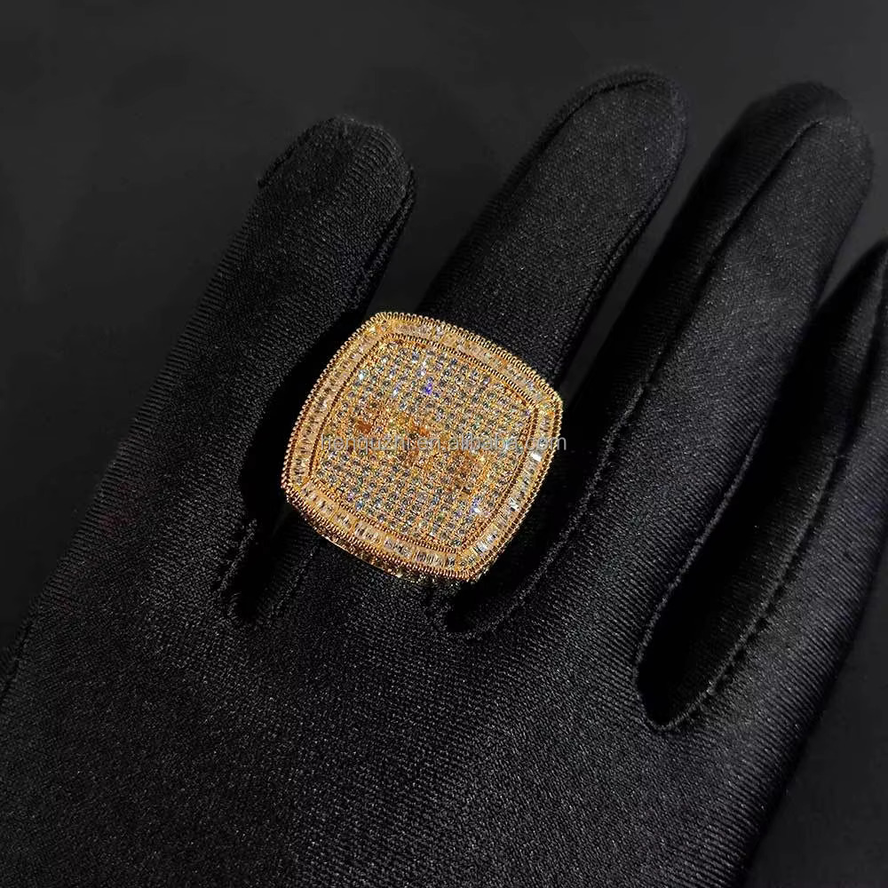 Luxury Mens Fashion Custom Gold Silver Plated Hiphop Style Moissanite Diamond Ring Square Design