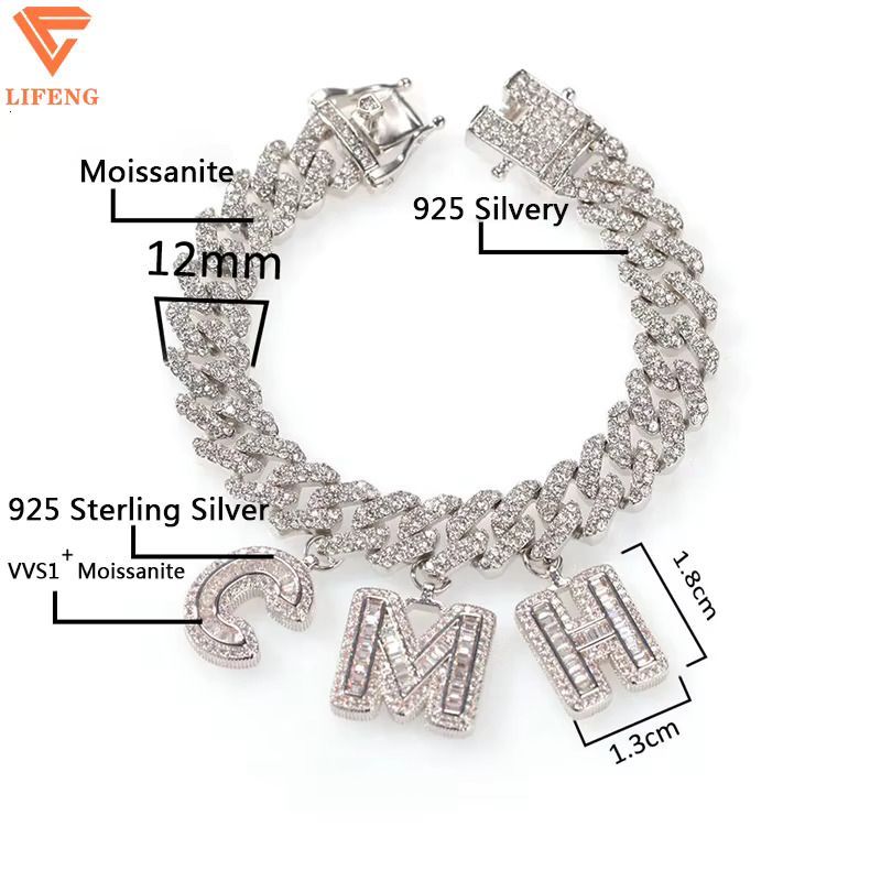 Custom Baguette Letter 12mm Cuban Link Chain Bracelet Personalize Initial Name 925 Silver VVS Chain Moissanite Hip Hop Jewelry