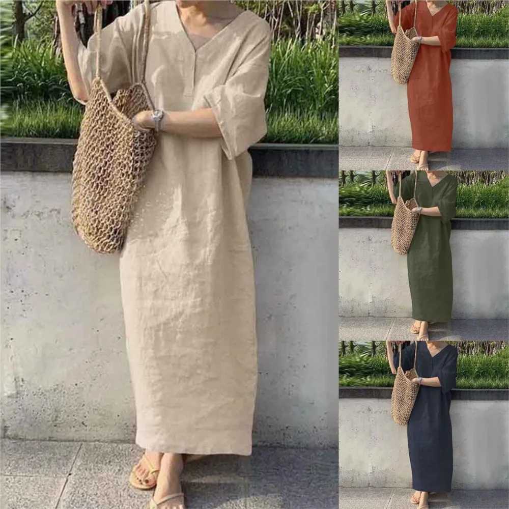 Short sleeved V-neck womens solid color casual cotton linen dress suitable for womens summer loose long skirts elegant womens clothing M250304