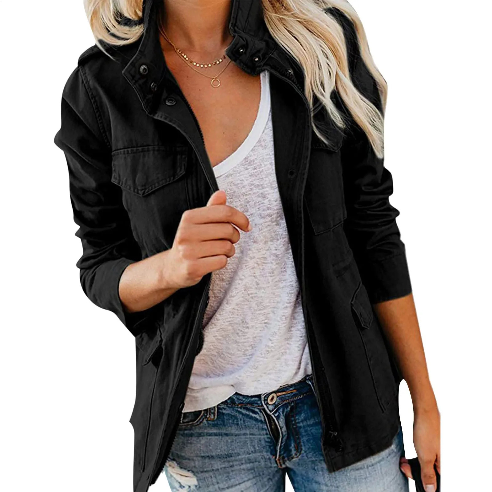 Autumn Womens Waist Seasoning Jacket Retro Green Multi Pocket Collar Button Solid Color 250317