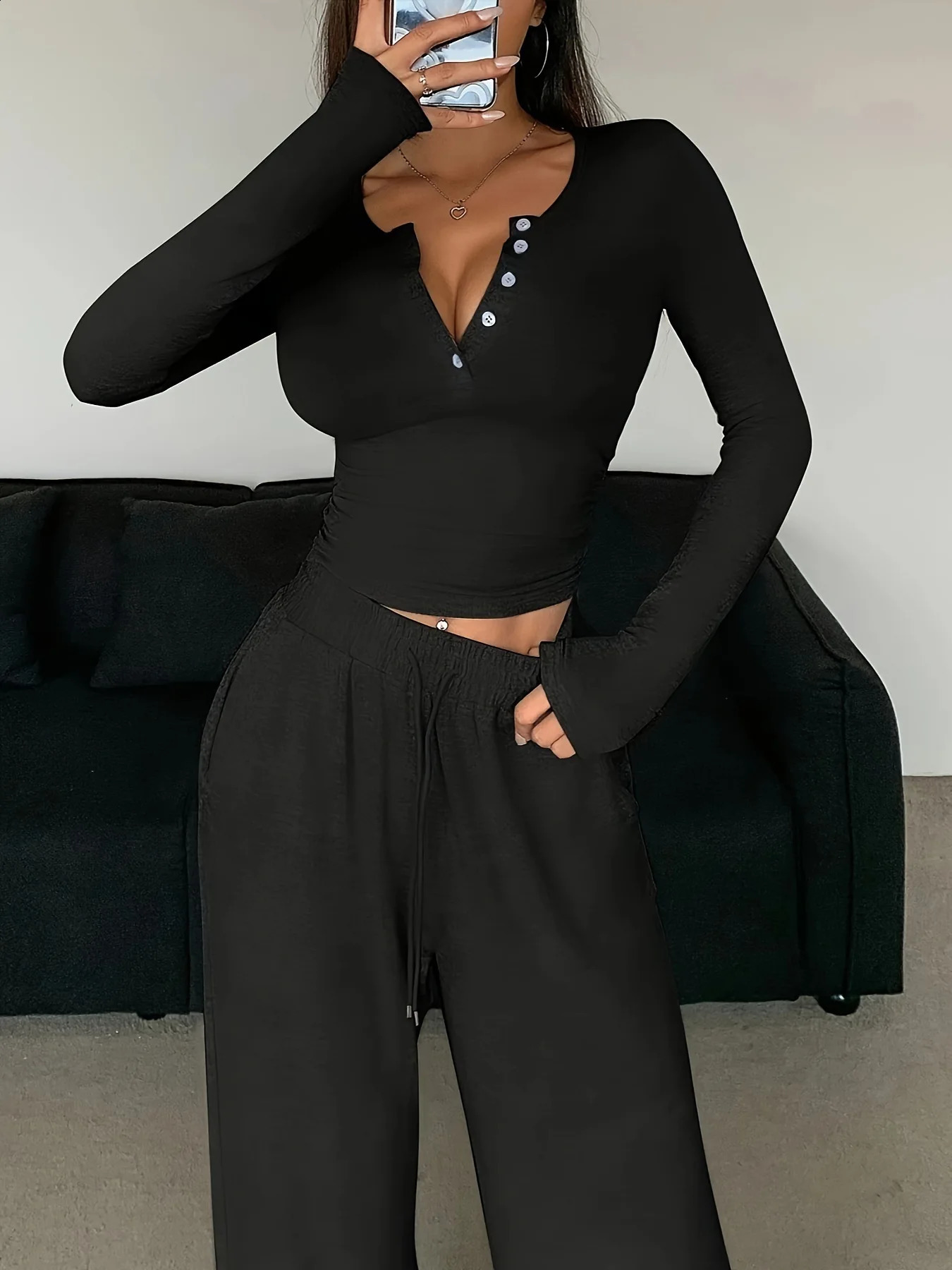Women 2 Piece Sets Sexy Button Slim V Neck Pullover Wide Leg Pants Suit Solid Long Sleeve T Shirts Casual Sports Lady Outfits 250317