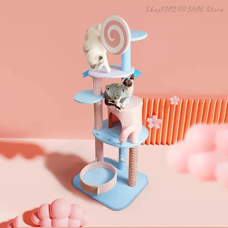 Plush stair-style cat tree with integrated cat bed, all-in-one pet furniture & toy, suitable for all pets.