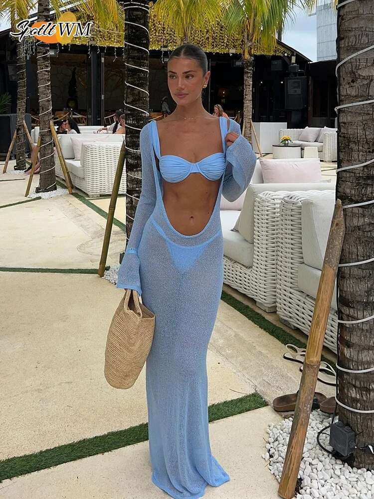 Summer Beach Blue Bikinis 3Pcs Fashion Cover Ups Bikini Set Beachwear Bathing Suit Swimming Suits Women Clothing New