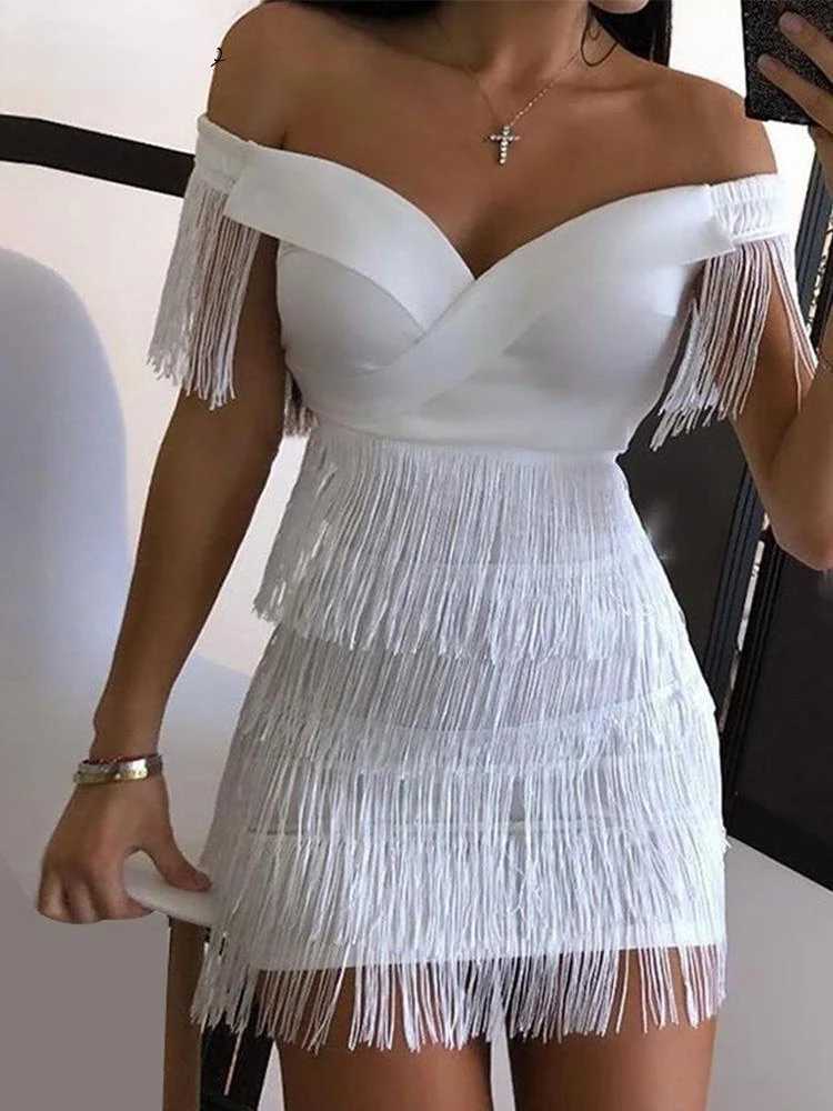 Sexy Sleeveless Bodycon Dress Women White Off Shoulder Tassel Female Short Dresses Summer Party Club Bandage M250304