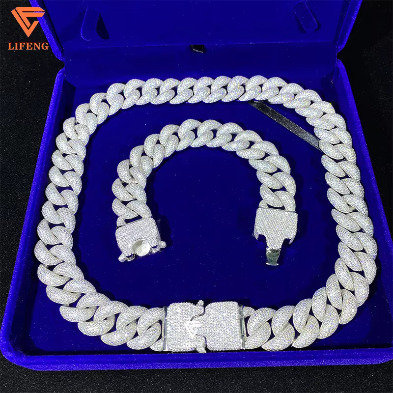 Customizable 20mm Big Chain Necklace 8Rows 925 Sliver White Gold Plated VVS Moissanite Miami Cuban Link Chain Hip-hop Style