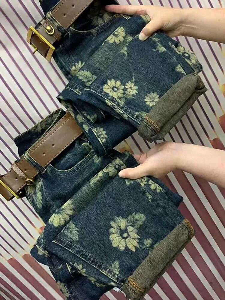 2025 New Printed Denim Pants Large Loose High Waist Retro Casual Pants Designer Women's Korean Jeans Pants No Print4