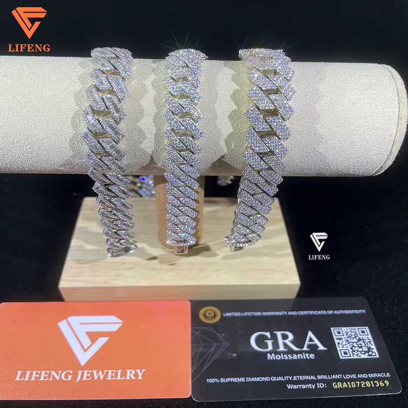 Wholesale 12mm-14mm Moissanite Fine Jewelry Custom Hip Hop VVS Cuban Link Chain 925 Sterling Silver Bracelets Bangles Men Women