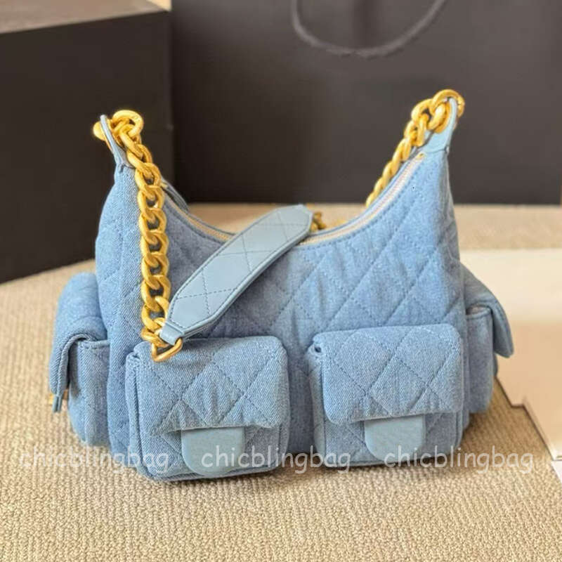 Luxury Designer Hobo Bag Denim Blue Underarm Bag with Thick Chain Strap Designer Women Handbag Crossbody Shoulder Bag Luxury Tote Purse Bags for Women