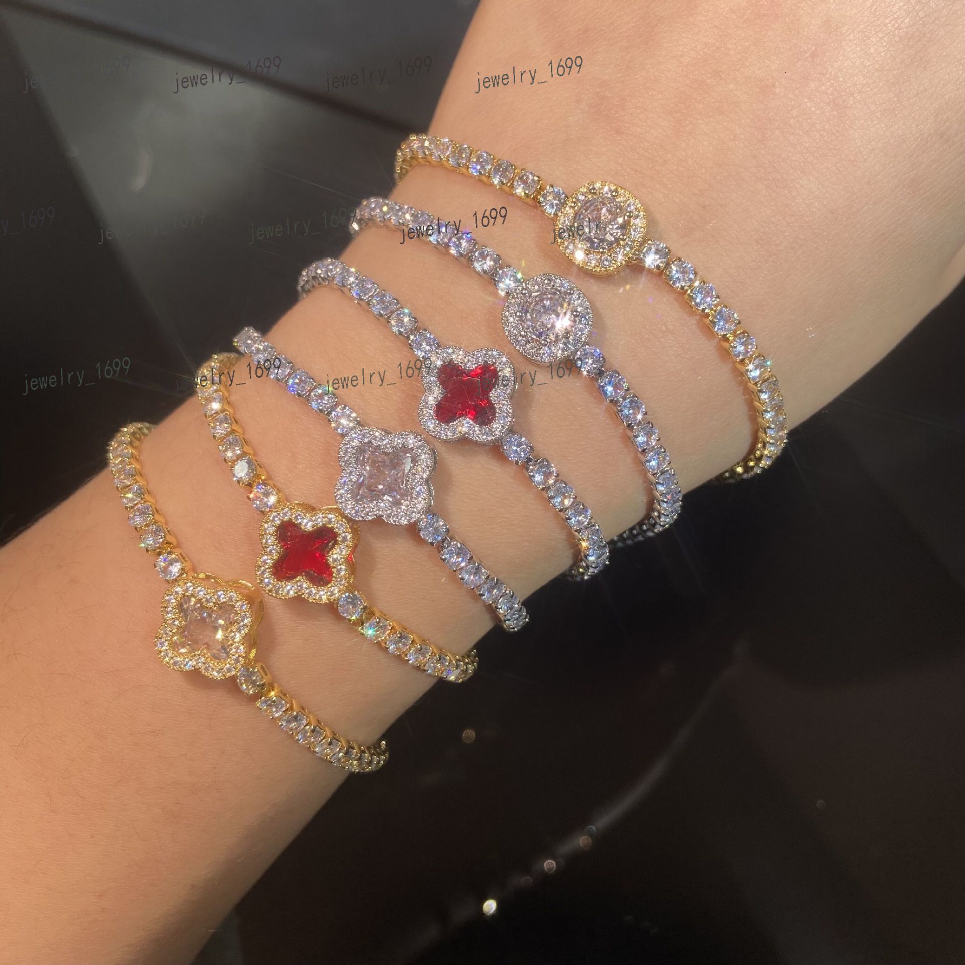 Fashion Lucky Four Leaf Clover Tennis Bracelet Red Gold Silver Red Moissanite Clover Tennis Bracelet