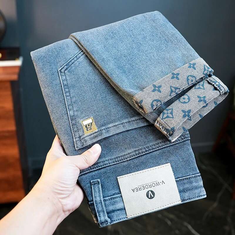 2025 new soft and elastic fashionable slim fit corrugated denim pants men's spring straight leg high street pants elastic waist retro casual desi