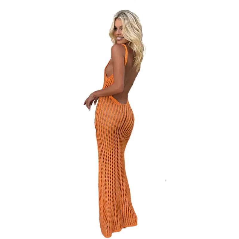 2025 new sexy style knitted breathable beach cover, hollowed out leak designer waist long vacation sun protection vest dress4