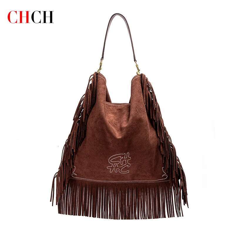 CHCH Tote 2025 New Brown Tassel Bag Retro Simple Women's Handbag Large Capacity