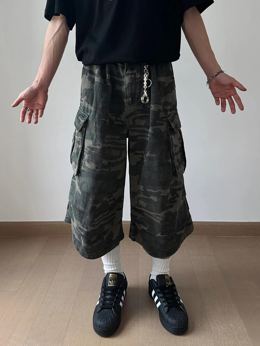 REDDACHIC vintage camouflage cargo denim shorts mens washed pleated high rise multi pocket jeans Jorts Harajuku streetwear 250314