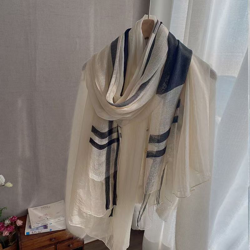 T303 cotton and linen splicing fashion plaid scarf long and smooth 2025 autumn and winter women's versatile gauze scarf thin shawl