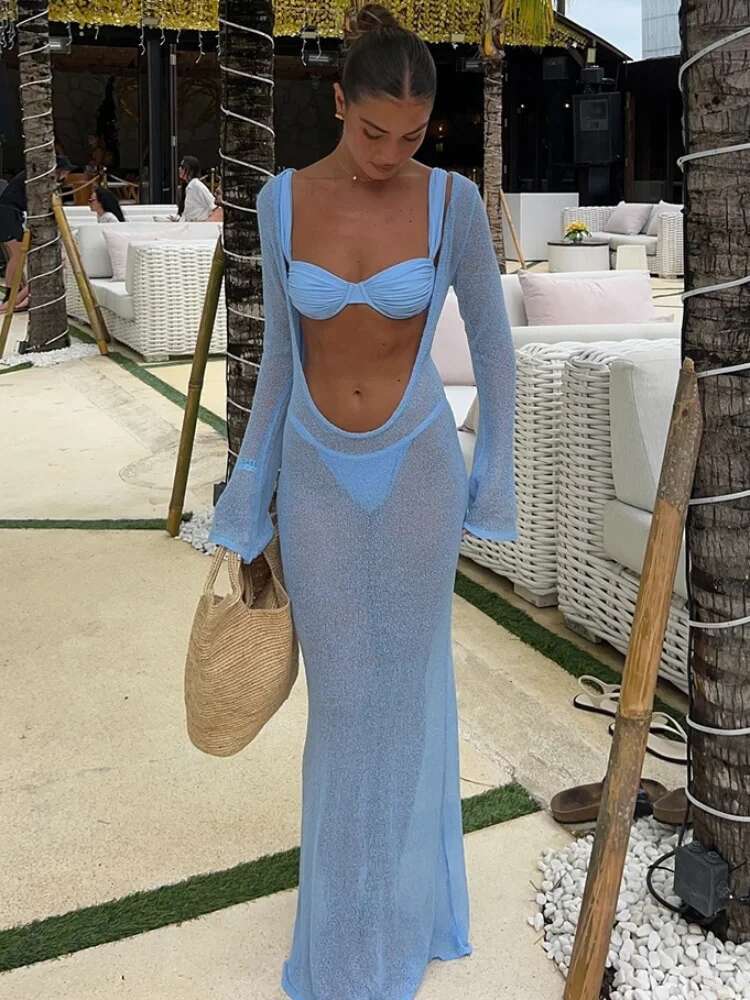 Summer Beach Blue Bikinis 3Pcs Fashion Cover Ups Bikini Set Beachwear Bathing Suit Swimming Suits Women Clothing New