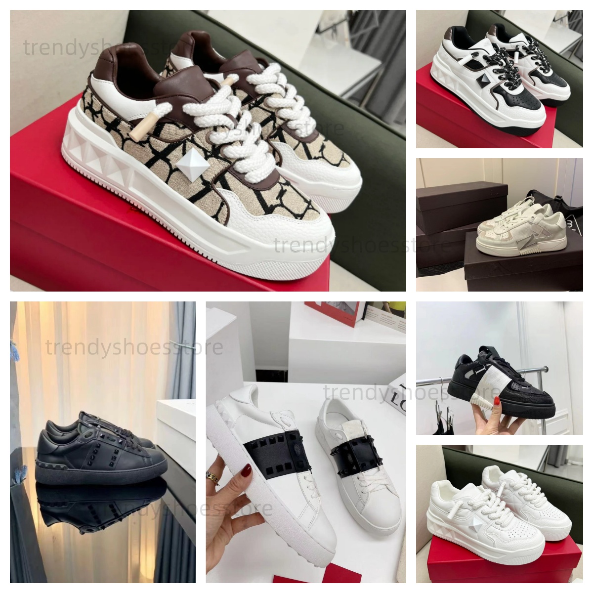 Designer rivet sports shoes, Valestin white brown black thick soled men's and women's fashionable casual shoess