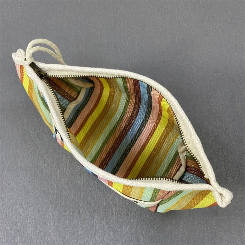 Portable Canvas Zip Pouch Cotton Stripe Cosmetic Bag Handheld Cloth Bag250314bj