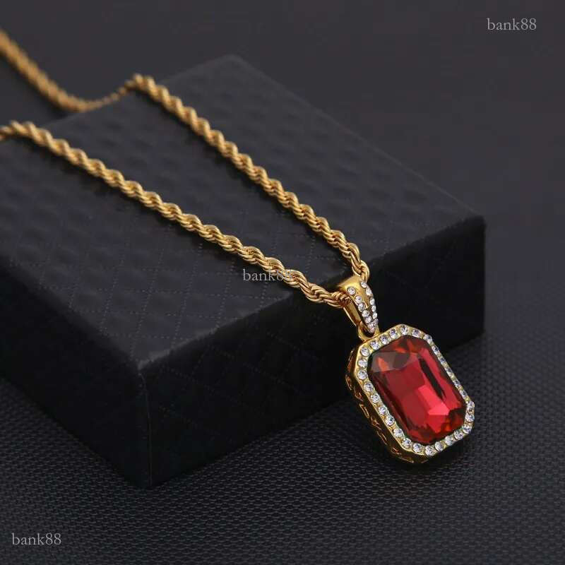 Mens Mini Ruby Pendant Necklace Gold Cuban Link Chain Fashion Hip Hop Necklaces Jewelry for Men