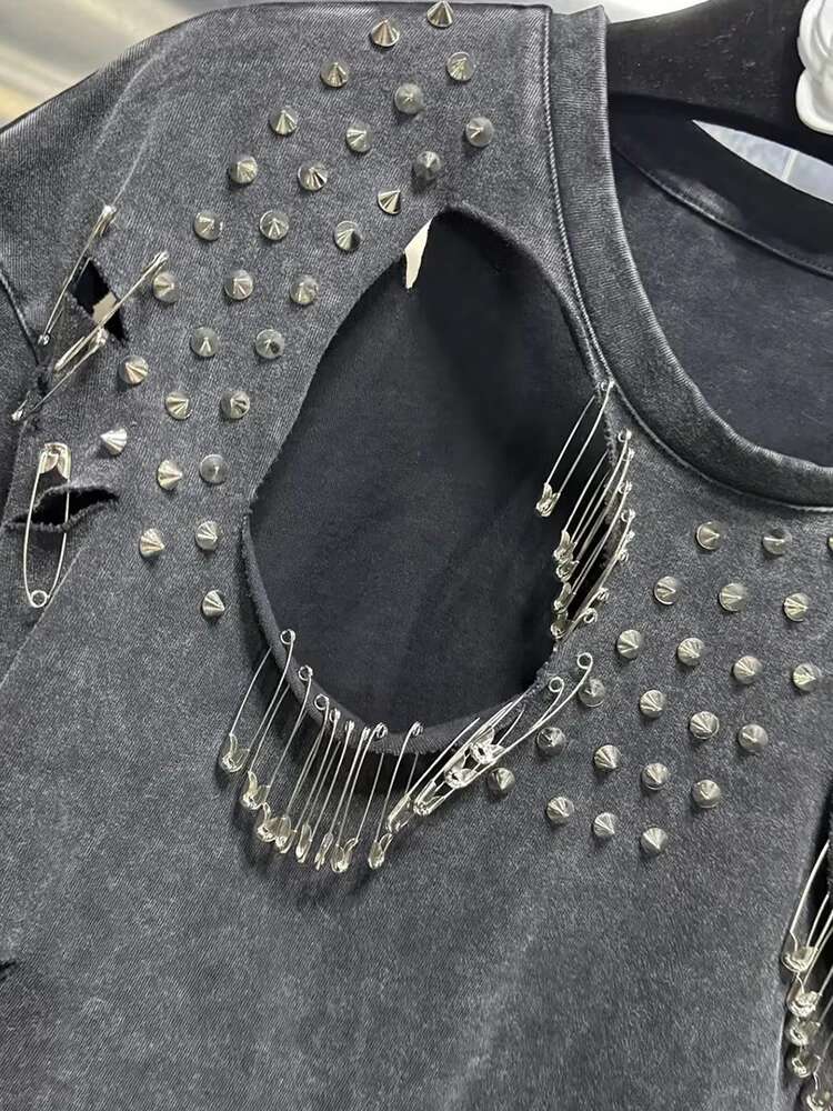 Hollow Out Patchwork Sequins Solid Shirts For Women Round Neck Short Sleeve Minimalist Slimming T Shirt Female Fashion New