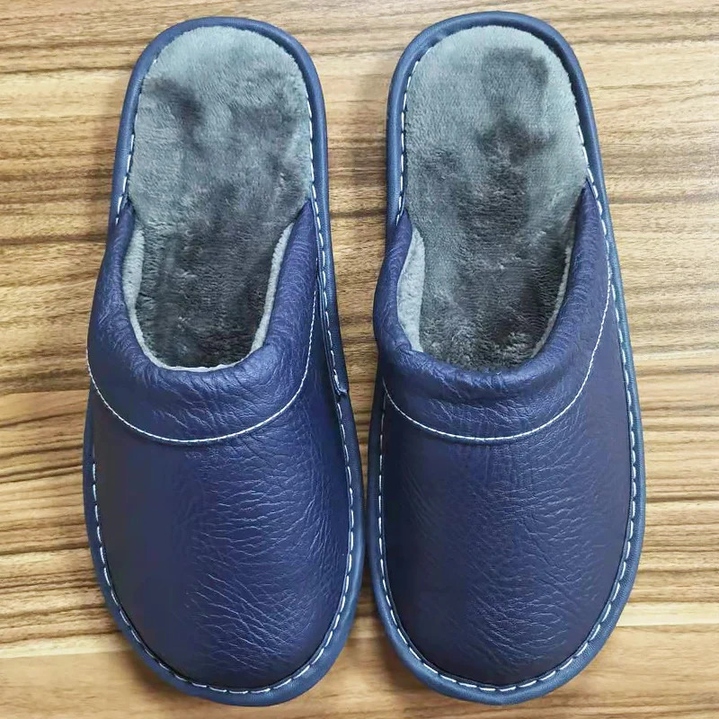 Autumn Winter Indoor Shoes 47 48 Mens Blue Bedroom Slippers Man Concise Slides Faux Fur Mules Leather Home Slipper Flip Fops 250314