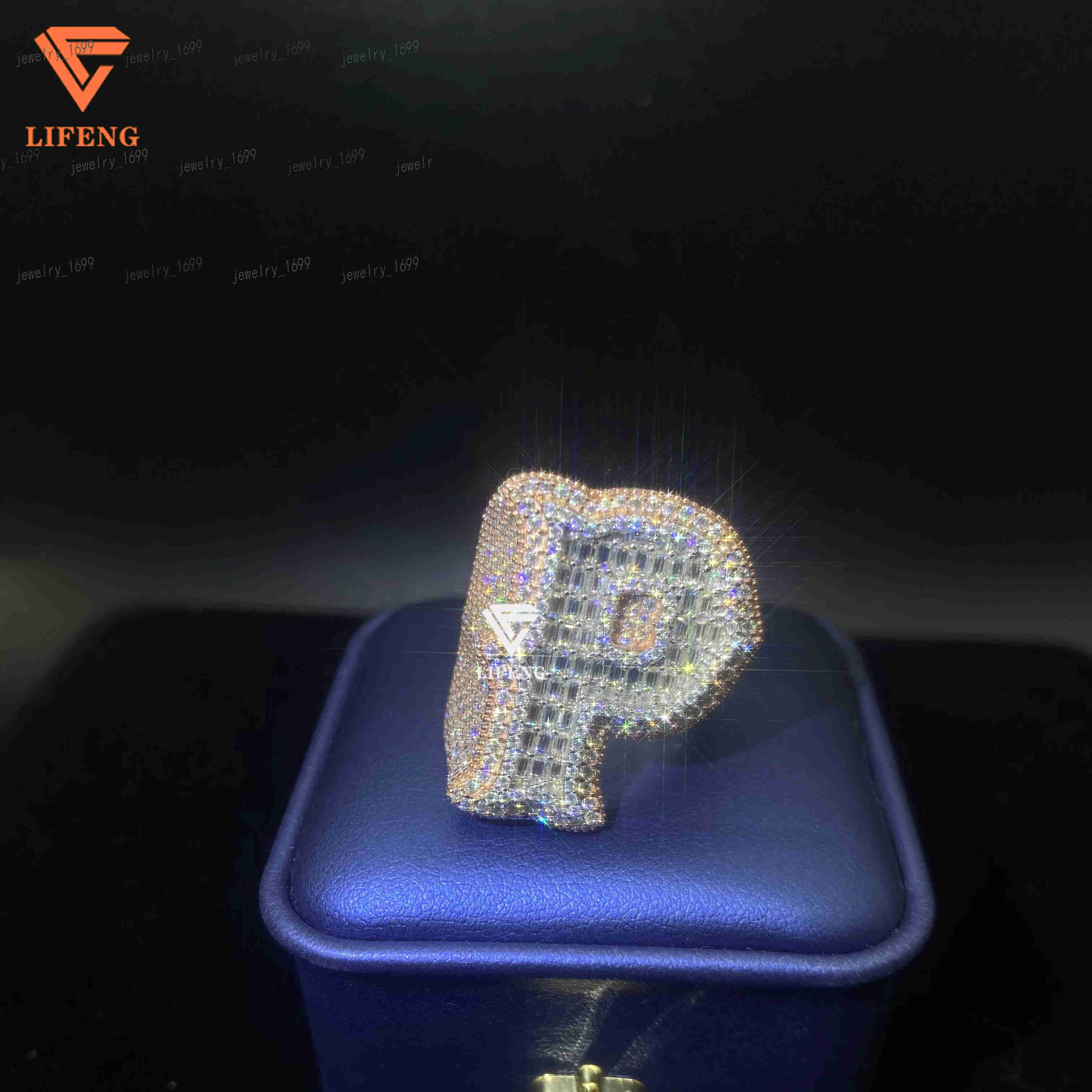 Mens Fine Jewelry 925 Silver Rose Gold Plated Moissanite Diamond Initial Letter P Ring Cut Hand Shape for Parties