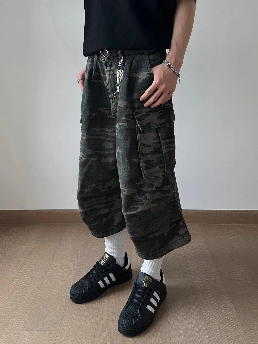 REDDACHIC vintage camouflage cargo denim shorts mens washed pleated high rise multi pocket jeans Jorts Harajuku streetwear 250314