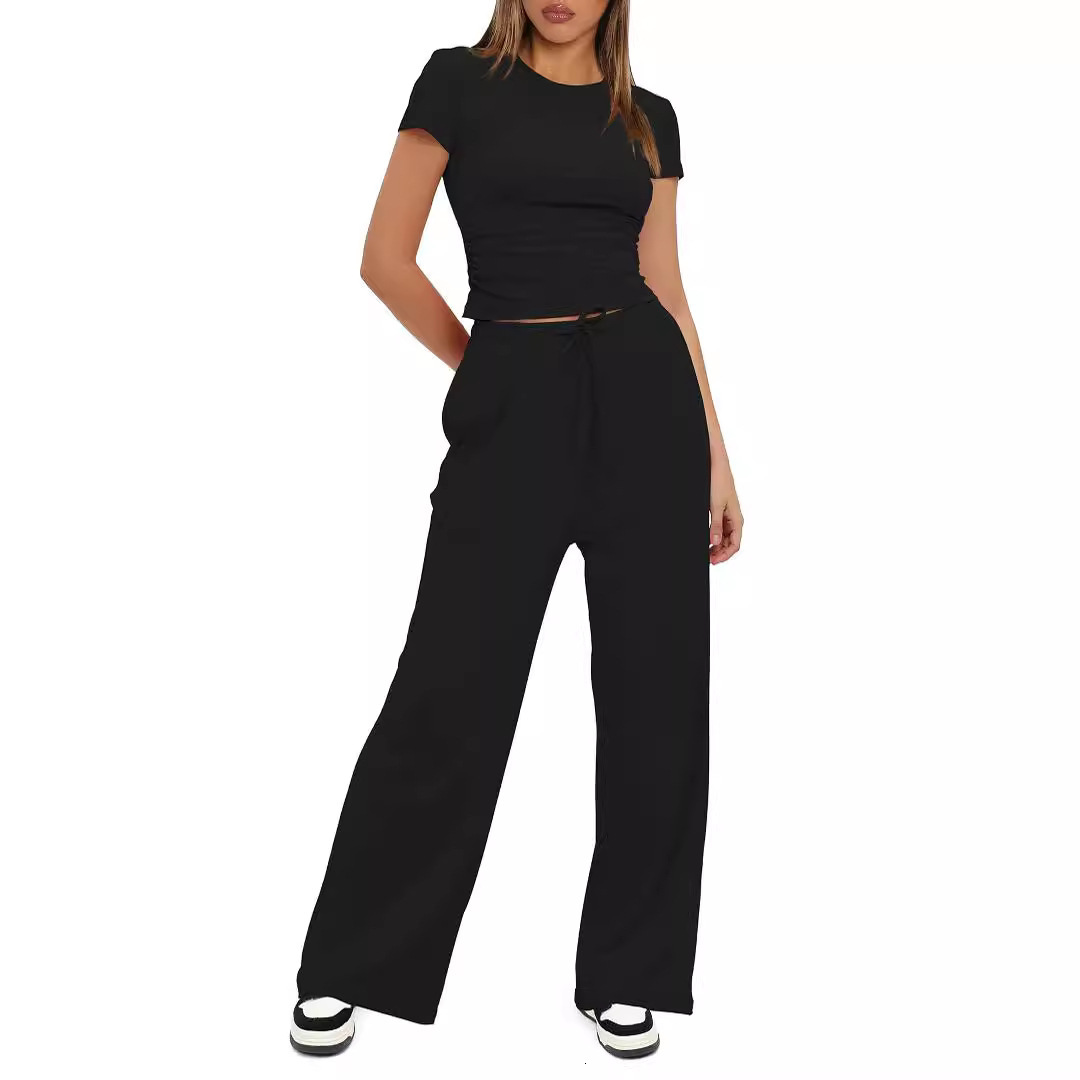 New Solid Color Casual Set Pleated Short Sleeve T-shirt Two Piece Top High Waist Wide Leg Pants Sportswear