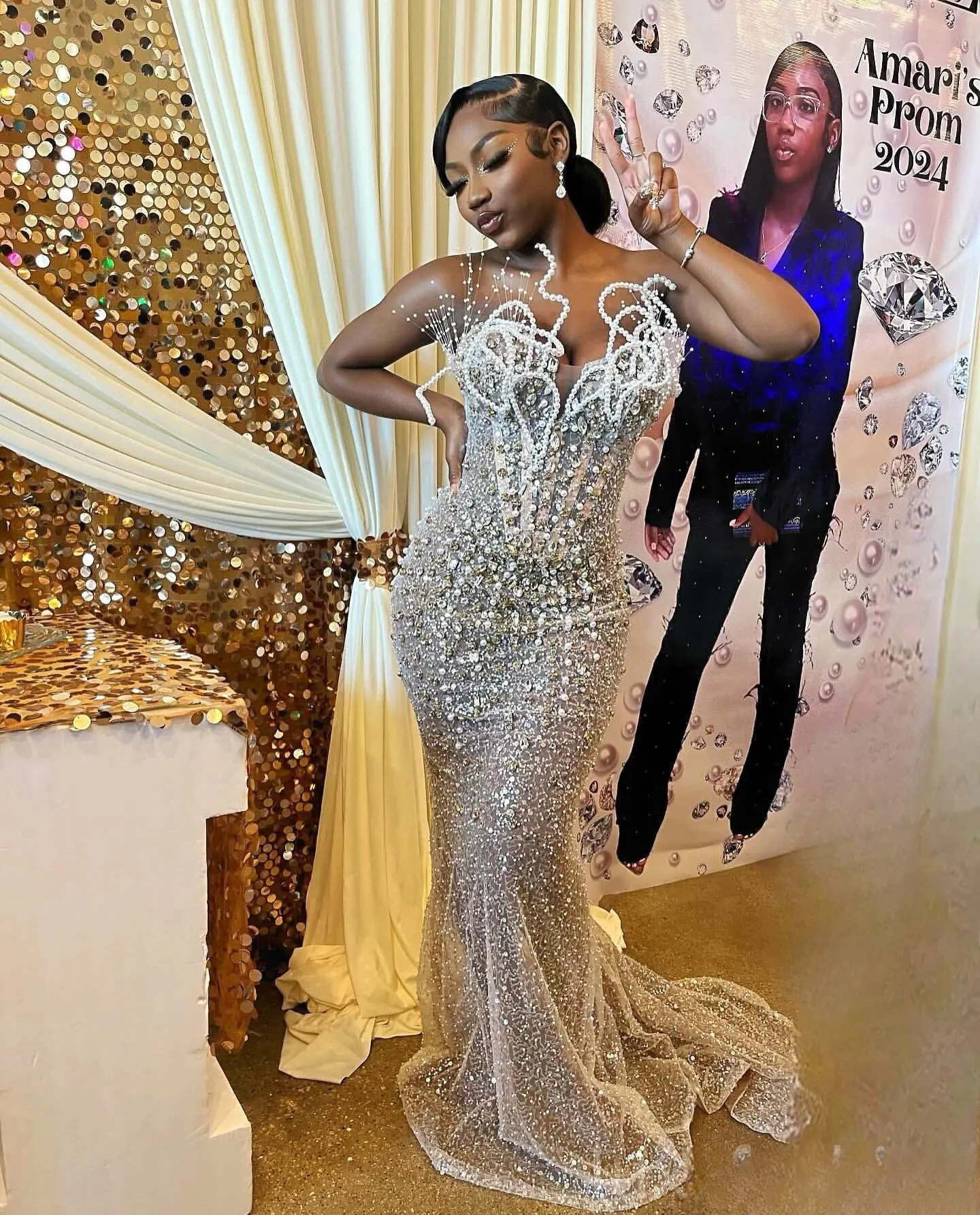 Aso Ebi 2025 Ivory Illusion Mermaid Prom Dresses Crystals Pearls Sequined Evening Formal Party Second Reception Birthday Gowns Dress For Special Ocns