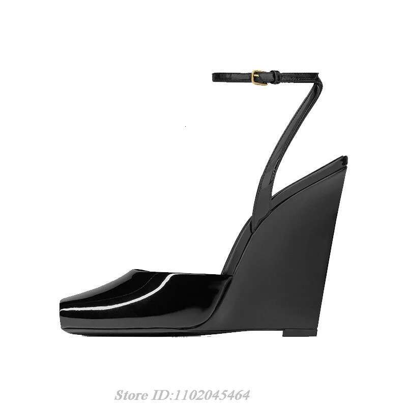 Chic Peep Toe Patent Leather Wedges Sandals Women's 2025 Summer New in Ankle Strap High Heels Designer Party Sexy Shoes