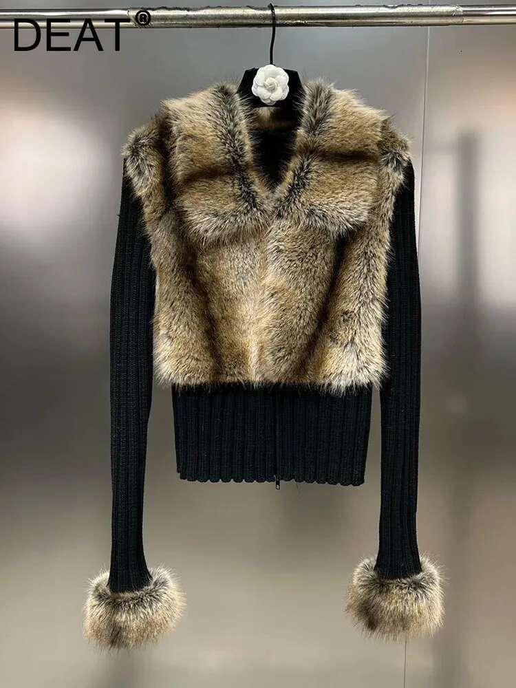 DEAT Fashion Women's Spliced Fake Fox Plush Knitted Cardigan 2024 Winter New V-Neck Long Sleeves Zipper Sweater Female 11Xx7778