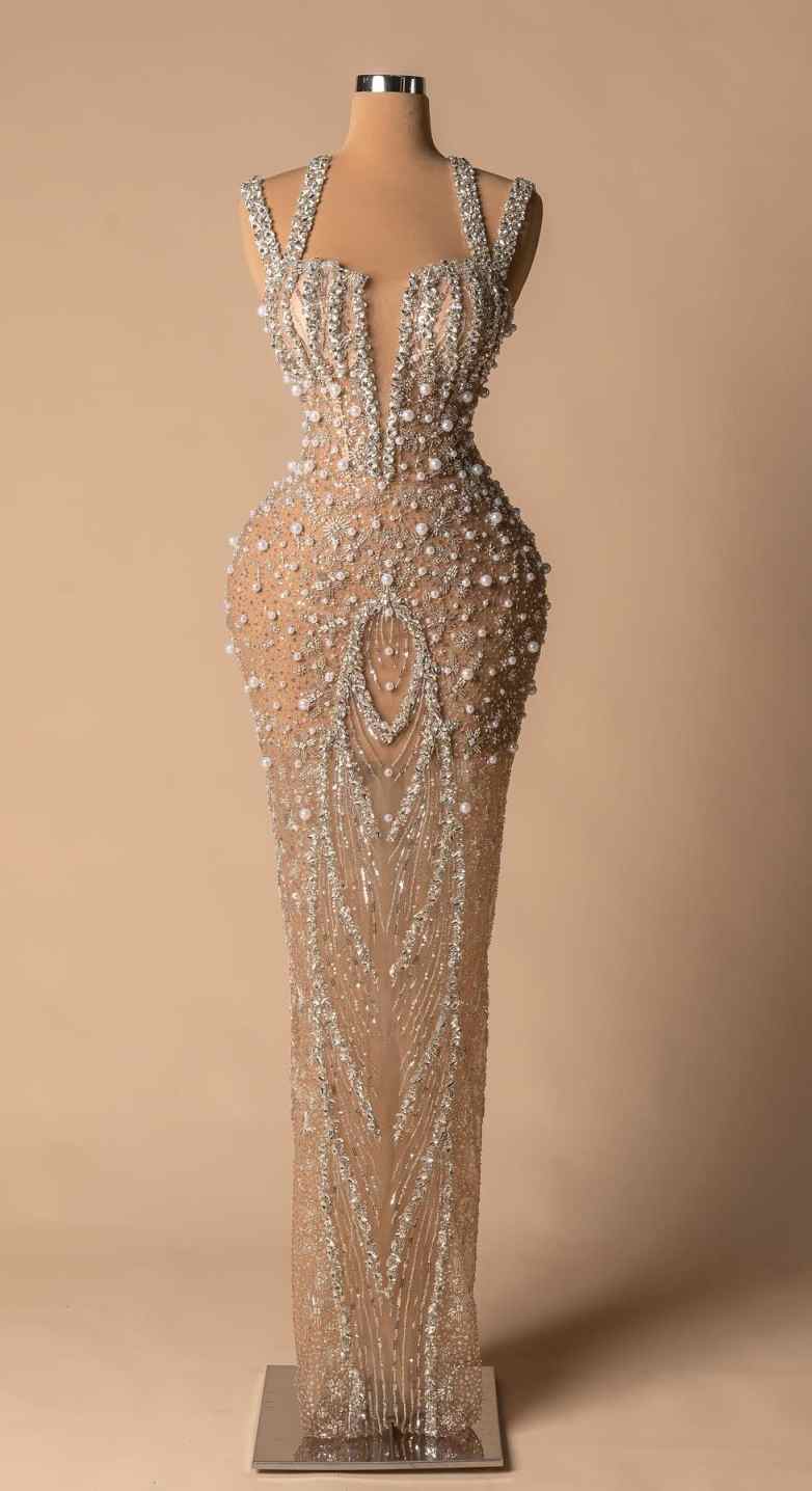 Evening Dresses For Women Spaghetti Strap Sleeveless Gown Sequins Pearls Crystal See Through Sweep Train Party Customized Dress