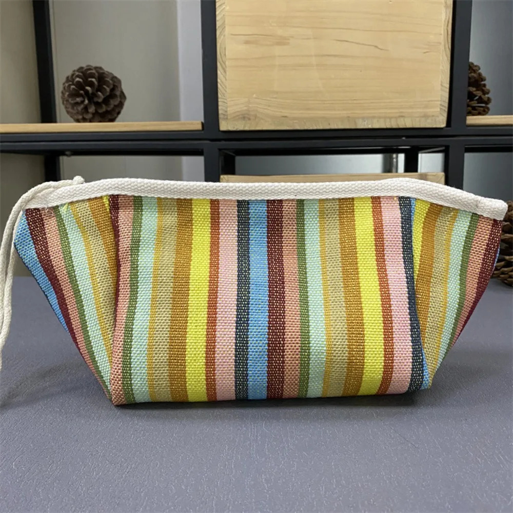 Portable Canvas Zip Pouch Cotton Stripe Cosmetic Bag Handheld Cloth Bag250314bj
