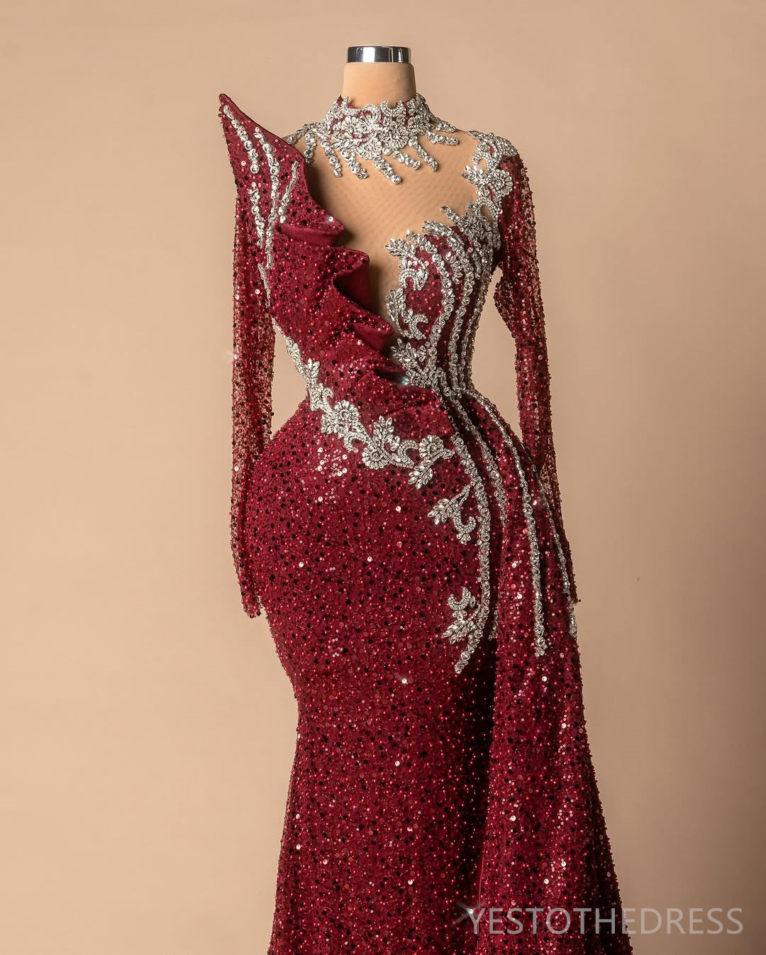 2025 Aso Ebi Dark Red Prom Dresses Mermaid Evening Dresses For Special Occasions High Neck Long Sleeves Beaded Lace Birthday Dress Second Reception Go