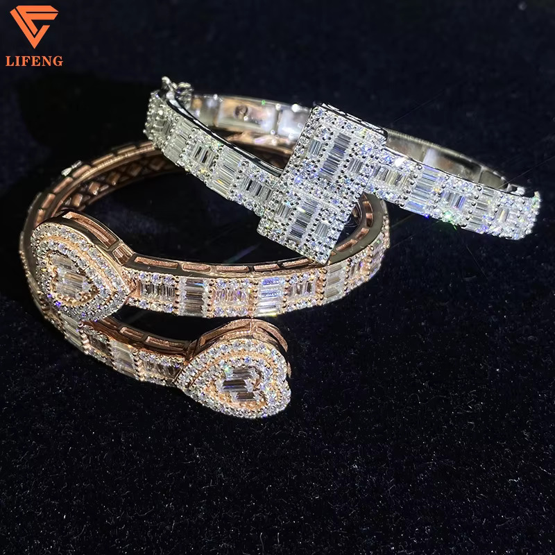 Ready to Ship Baguette Moissanite Open Cuff Heart Bangle 925 Sterling Silver Iced Out Moissanite Adjustable Bracelet for Women