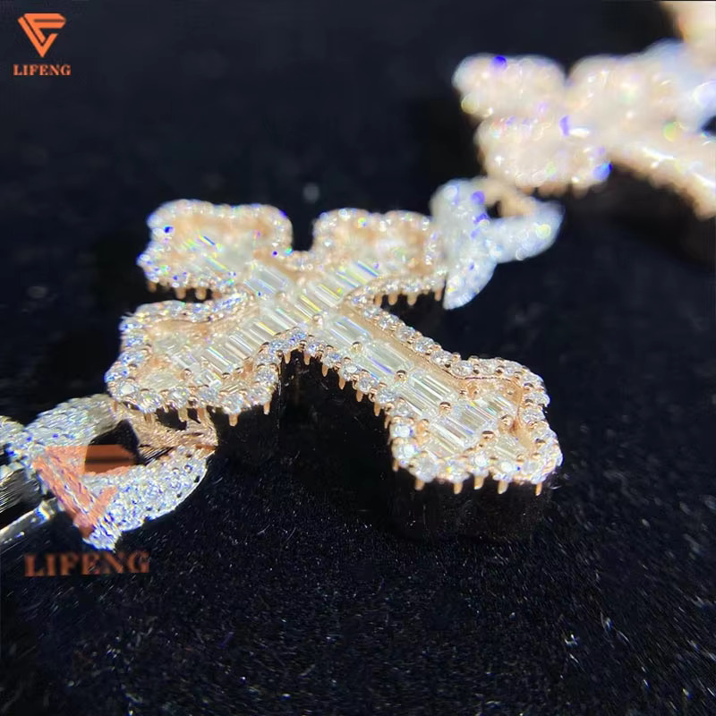 HipHop Rapper Men Iced Out Infinity Cross Bracelet Two Tone 925 Silver Moissanite Chain Baguette Cut Diamond Cuban Link Bracelet