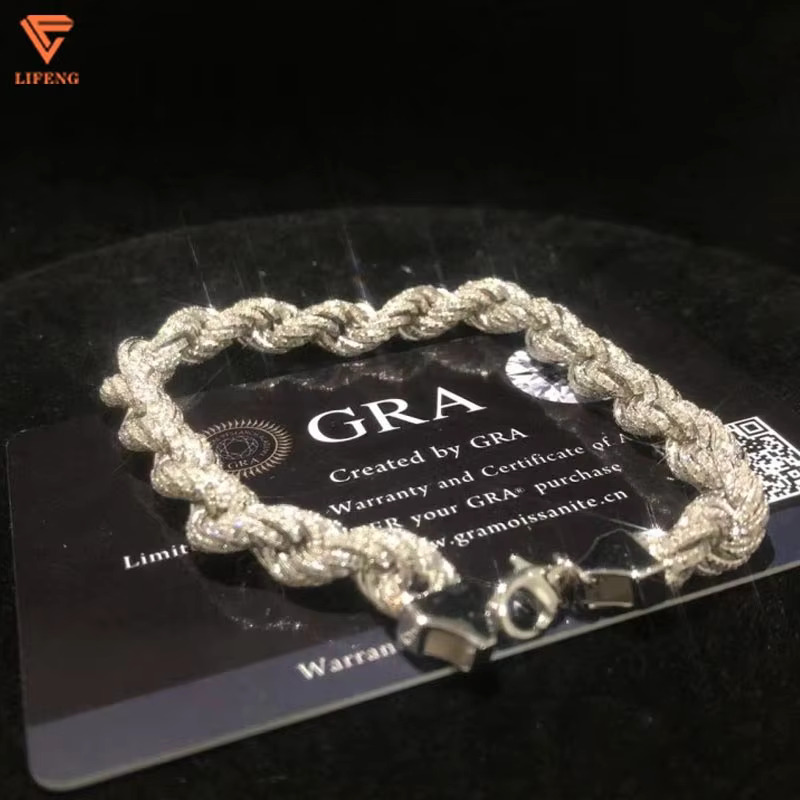 Fashion Jewelry White Gold 925 Sterling Silver Bracelet Iced Out 8 mm VVS Moissanite Hip Hop Rope Chain Charm Bracelet for Men