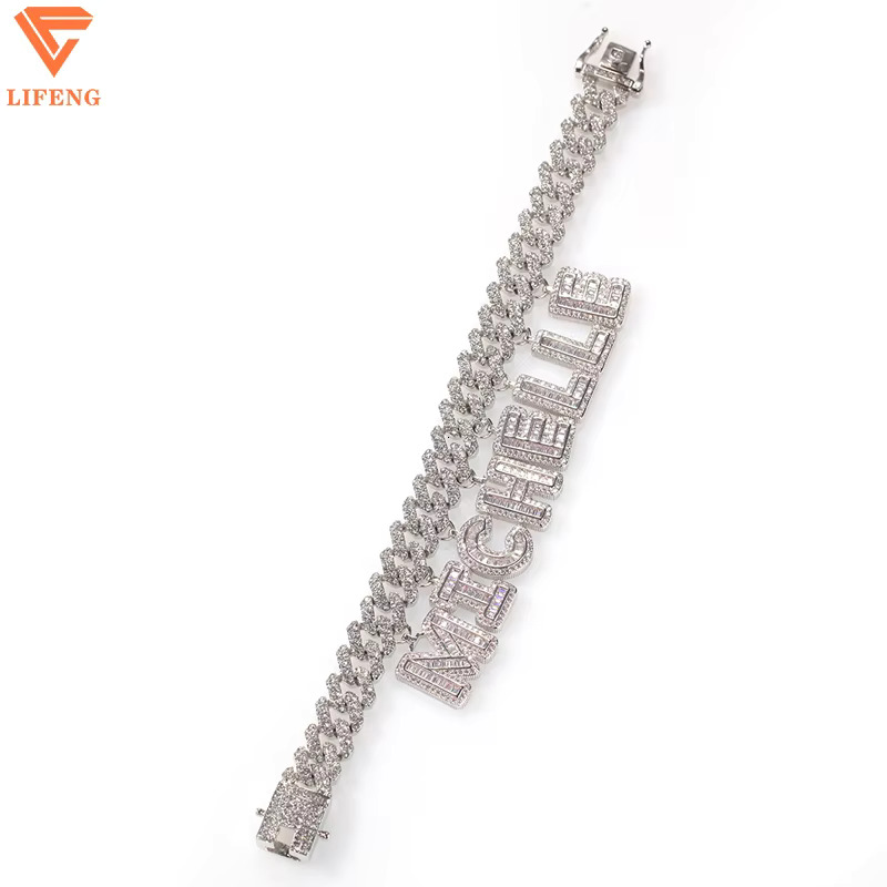 Custom Baguette Letter 12mm Cuban Link Chain Bracelet Personalize Initial Name 925 Silver VVS Chain Moissanite Hip Hop Jewelry