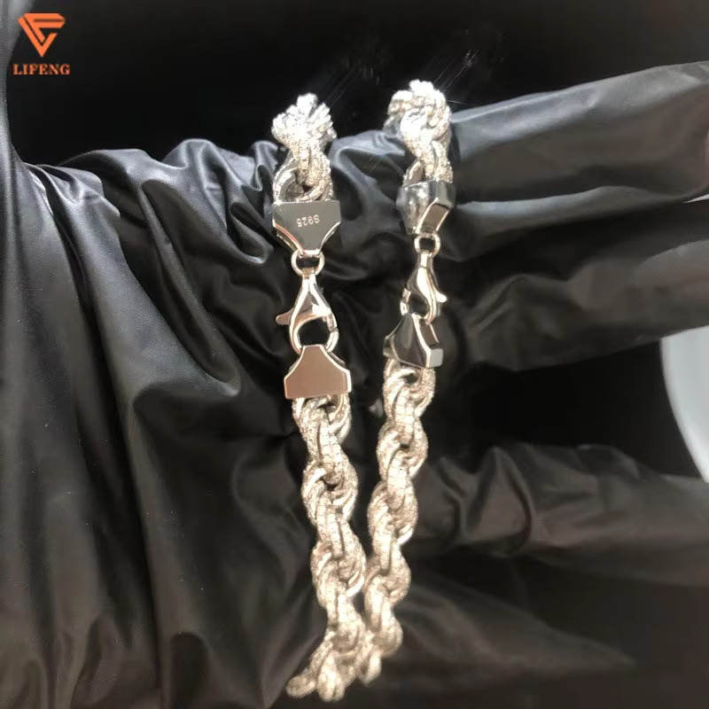 Fashion Jewelry White Gold 925 Sterling Silver Bracelet Iced Out 8 mm VVS Moissanite Hip Hop Rope Chain Charm Bracelet for Men