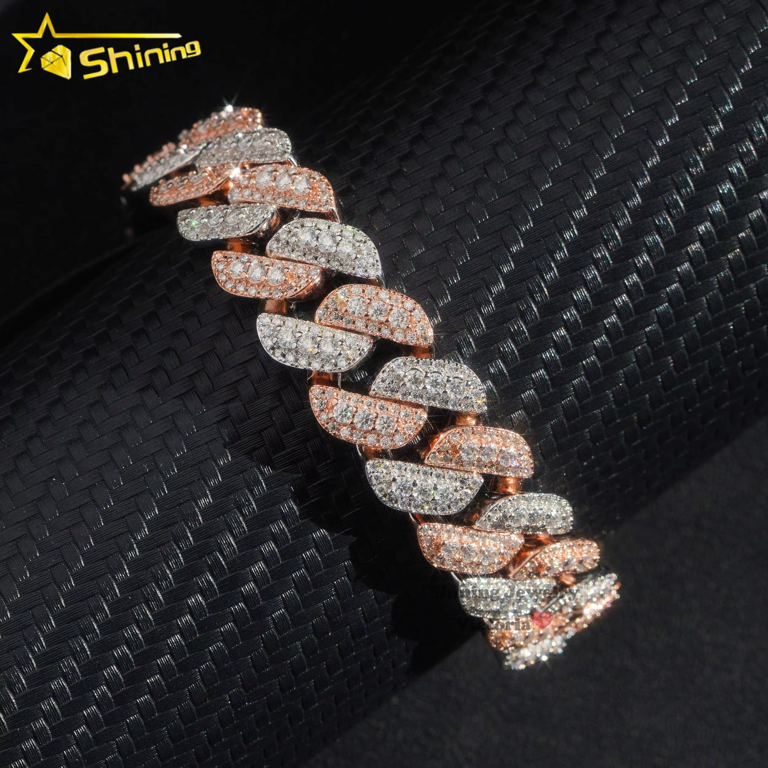 Shining Jewelry Hip Hop Jewelry 13mm 15mm Rose Gold Two Tone Iced Out VVS Moissanite Diamond Cuban Link Bracelet