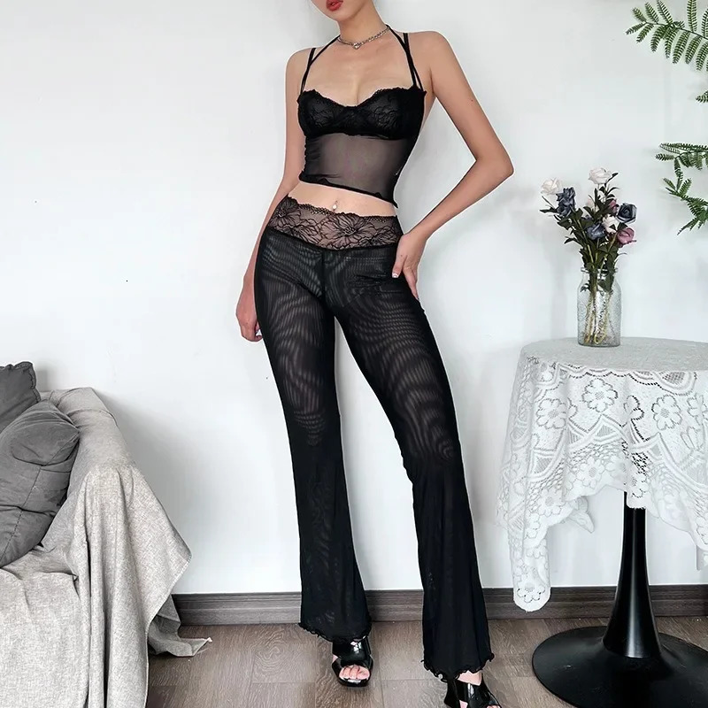 Pink Lace Patchwork Leopard Print Women Sexy Mesh 2 Piece Set Camisole Crop Tops Flare Pants Wild Club Party Matching Suits 250312